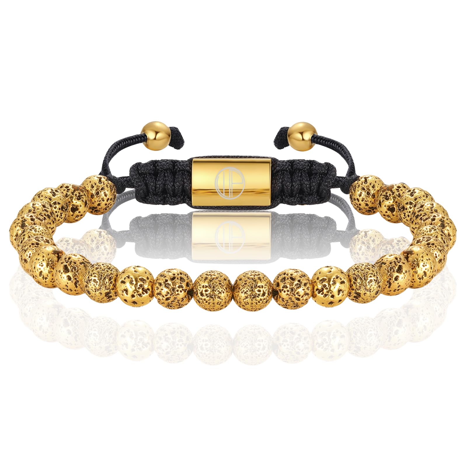 WP WEPICK Gold Bracelets for Men 18K Gold Plated Stainless Steel Handcrafted Adjustable Mens Gold Bracelet Chain Link Lava Rock Black Onyx Red Tiger Eye Beads Bracelet Jewelry Gifts