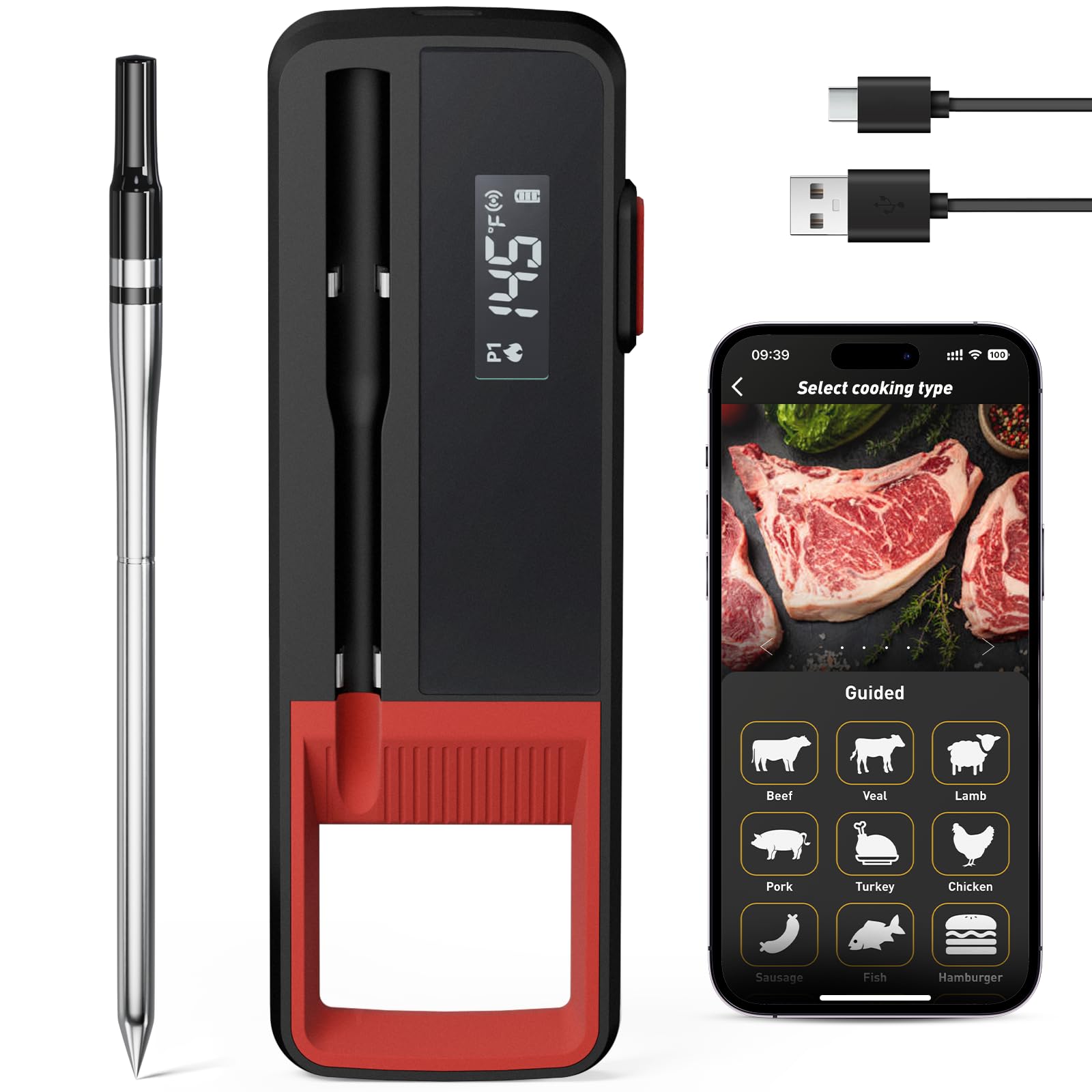 Wireless Smart Meat Thermometer with Bluetooth Booster with App, Long Range 550 FT Food Thermometer for BBQ, Oven, Grill, Kitchen, Smoker, Rotisserie, Air Fry, Oven Smoker Thermometer, iOS&Android App