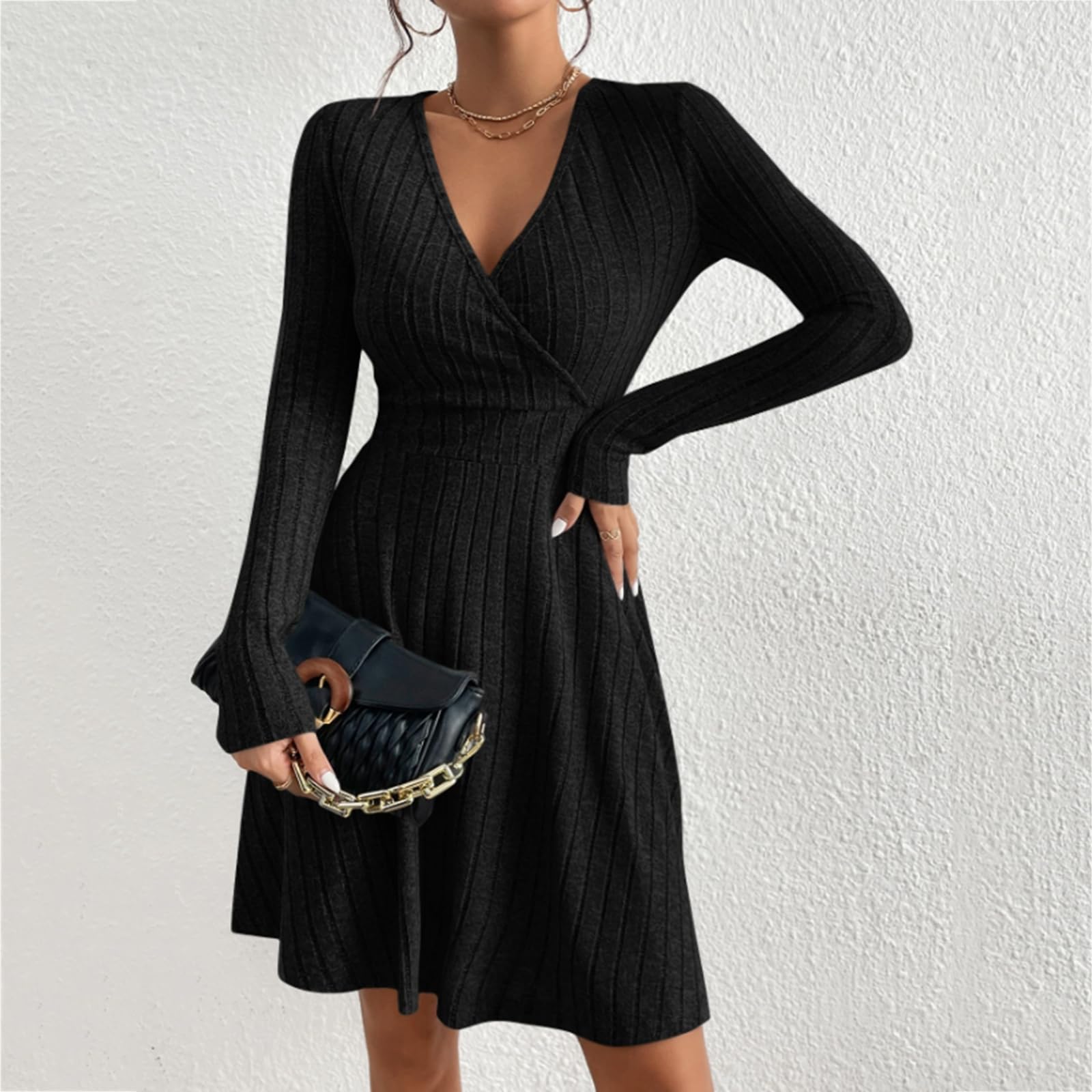 Strickkleid Damen Winter A Linie Pulloverkleid Knielang Kleid Damen Elegant Langarm Winterkleid Curvy Strickkleider V Ausschnitt Kleider Wickel Pullikleid Geripptes Herbstkleid Gestricktes