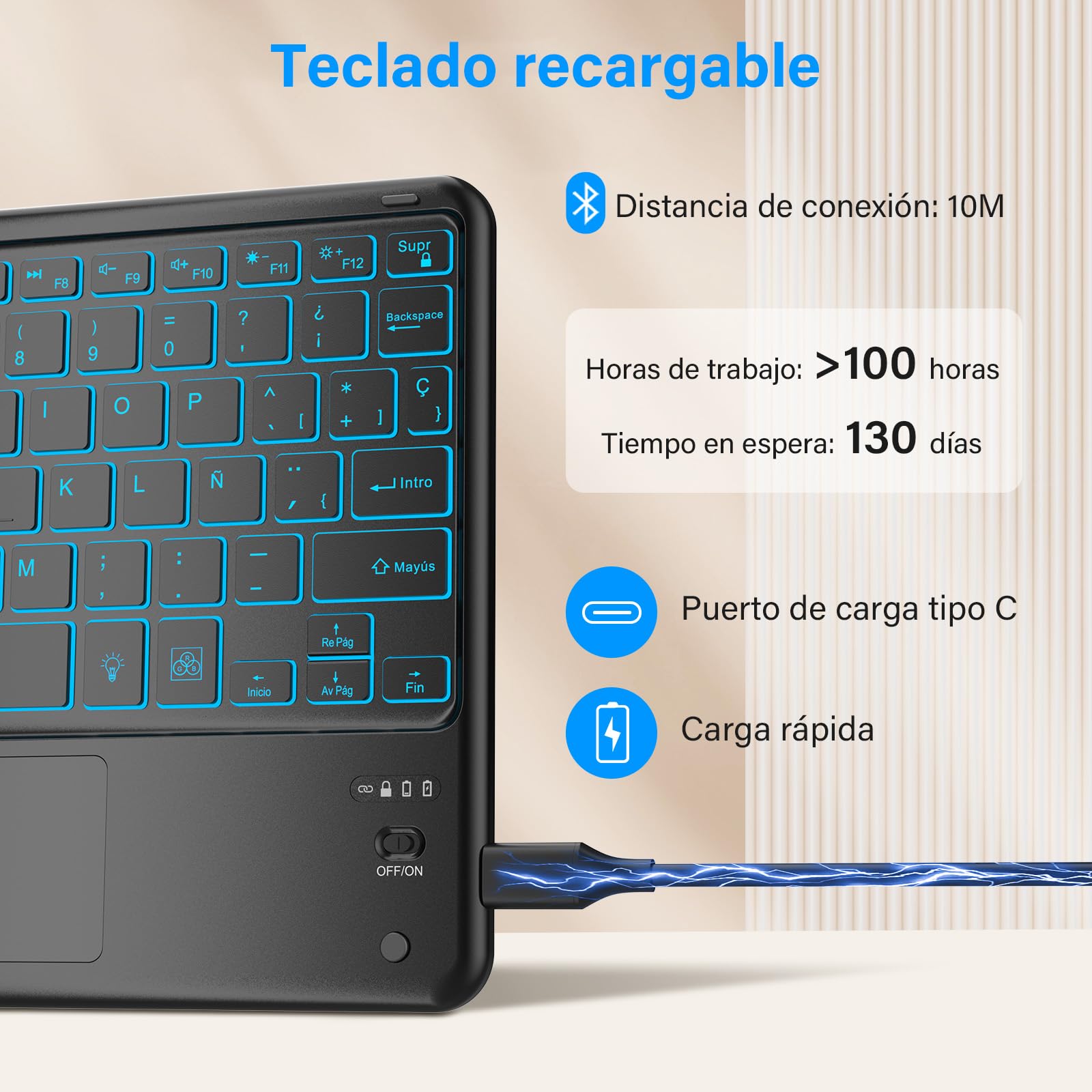 KBCASE Teclado con TouchPad, Teclado Bluetooth Inalámbrico Español para Tablet iPad/iOS/Android/Windows/iPad Pro/iPad Air/iPad Mini, Samsung, Lenovo, Huawei, iPhone y Retroiluminación de 7 Colores