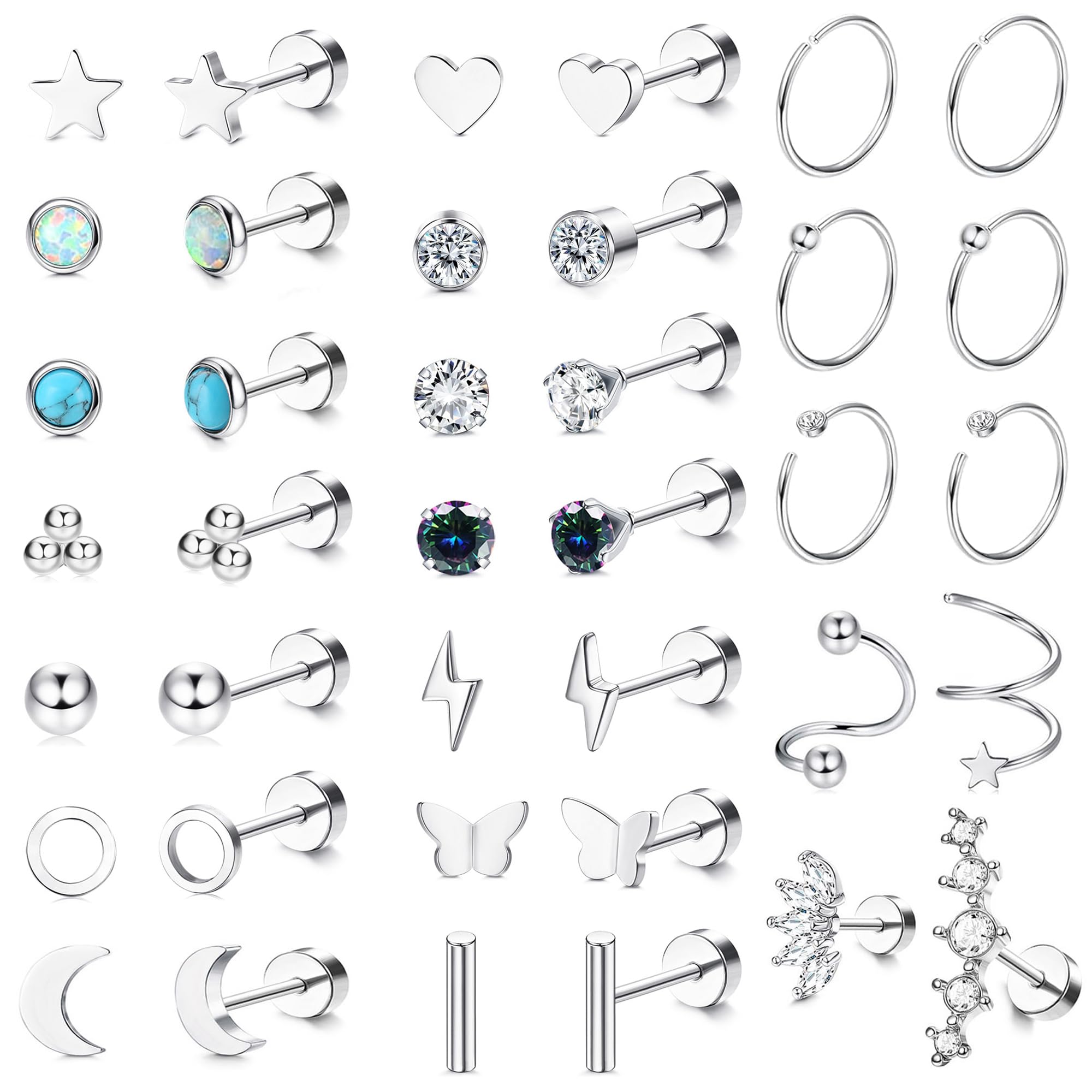 JeweBella 19Pares Pequeños Pendientes Acero Inoxidable Mujer Pendientes Cartílago Plata Hipoalergénicos Pendientes de Aro Luna Estrella Ópalo Circonita Piercing Helix Pendientes para Mujer Hombre