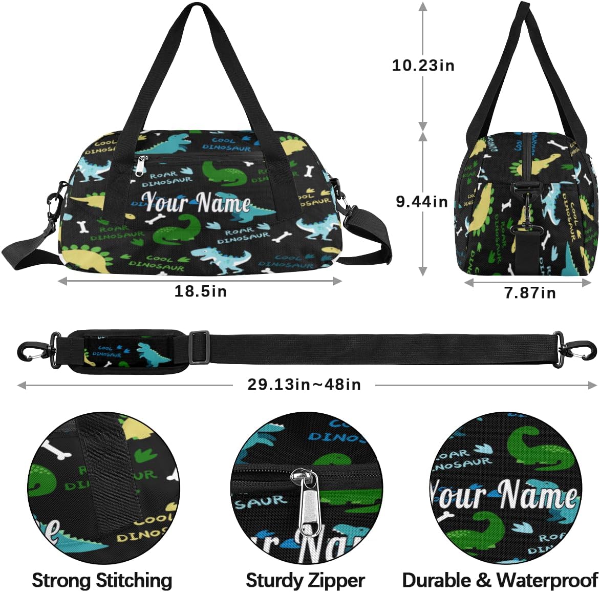 Personalized Kids Duffel Bag Cool Roar Dinosaur,Custom Sport Gym Bag for Boys Girls,WWeekender Overnight Bags Travel Duffel Bag,Customized Kids Gift