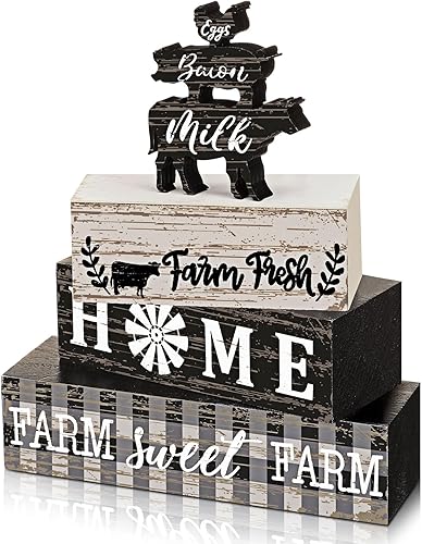 Miniatura 19 de Geelin 4 piezas de decoración de mesa de madera de Navidad de búfalo rojo y blanco, letreros rústicos para decoración de bandeja escalonada de gnomo