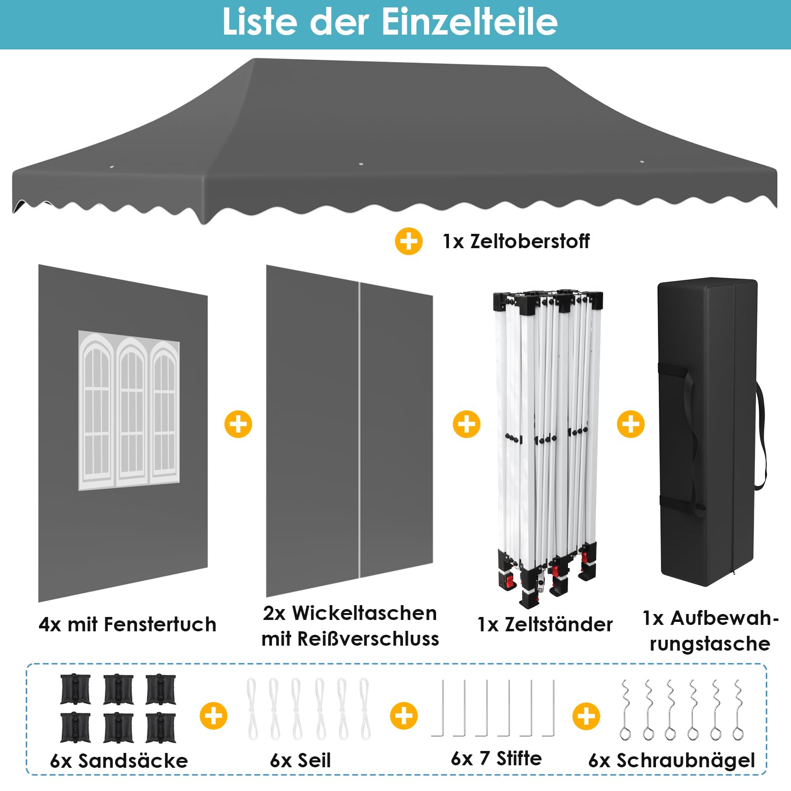 Pavillon 3x6 mit 6 Seitenwänden, Faltpavillon 3x6 Wasserdicht Stabil Winterfest, Faltbar Partyzelt 3 x 6, Anti-UV 50+ Gartenpavillon, 6 PCS Sandsack 12 Erdhaken, für Markt, Hochzeiten, Patio, Grau