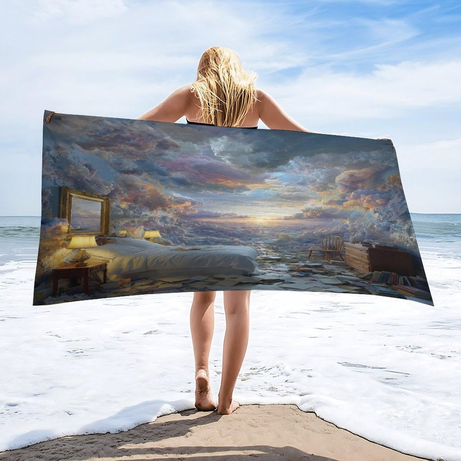 Luyysky Funny Fantasy Colorful Cloud Quick-Drying Beach Towel, Fairy Watercolor Natural Landscape Sunrise Pattern Travel Vacation Single Sided Pile Bathroom Towels-80 W Cm X 160" L Cm