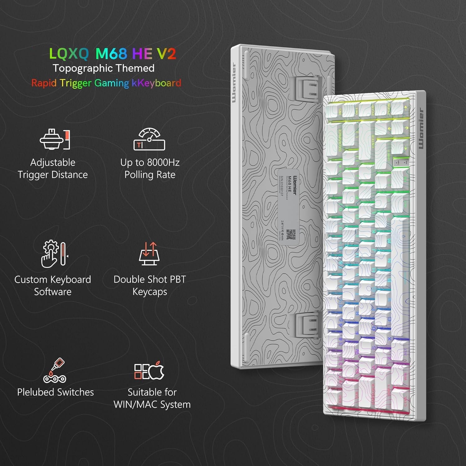 Tastiera M68 HE V2 60% Rapid Trigger, effetto hall, tastiera topografica da gioco, tastiera cablata RGB personalizzata con interruttore magnetico, tappi per tasti PBT per Mac/Win (bianco)