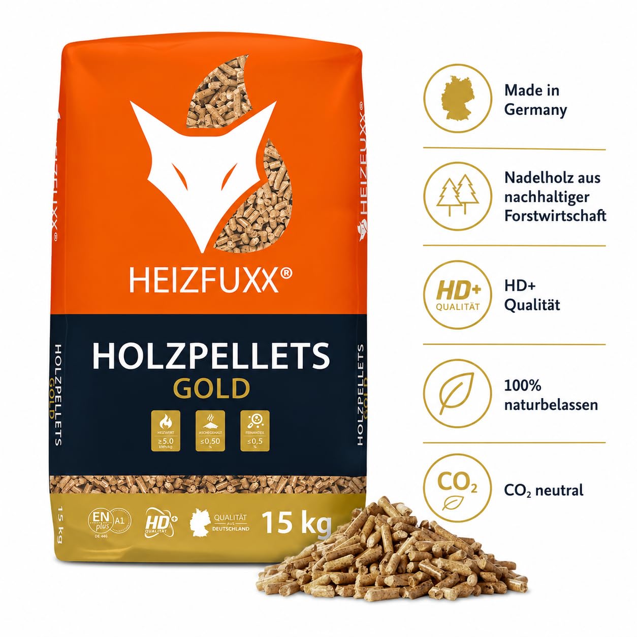 HEIZFUXX Gold ENplus A1 HD-Qualität Holzpellets Nadelholz 300 kg (20 x 15 kg) 1 Palette