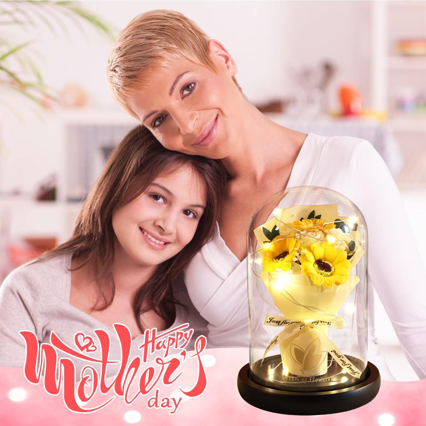Valentines Day Gifts for Her,Flower Rose in Glass Dome with 2 Lighting Mode,Sunflower Gifts for Mom,Artificial Forever Flowers Xmas Birthday Gifts for Women Mom Wife Girlfriend Sister Friend - Image 9