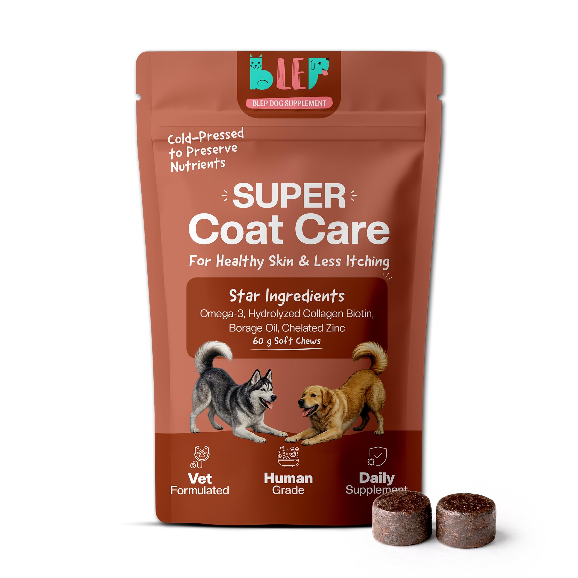 BLEP Super Coat Care - Dog Skin & Supplement, Itchy Skin, Shedding, Dull Coat & Paw Licking | Omega 3, Biotin & Collagen | Fish Oil, Borage Oil & Probiotics | Chicken Chews, 60 g-image-29