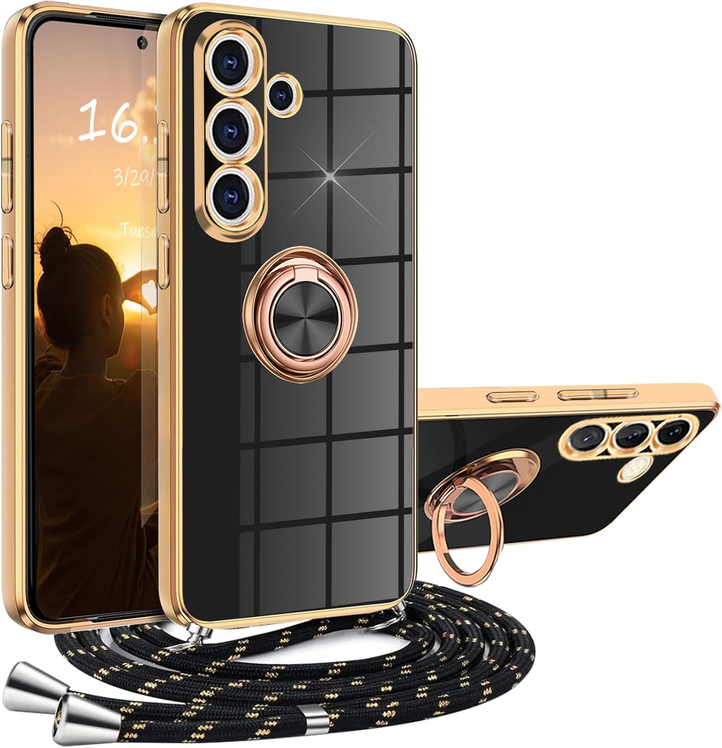 Coque samsung S24 – Xcyyoo Samsung Galaxy S24 Case avec cordon, boîtier pour Samsung S24 avec collier Silicone 360 ​​° Anneau magnétique Case de protection du boîtier de téléphonie mobile à 360 °