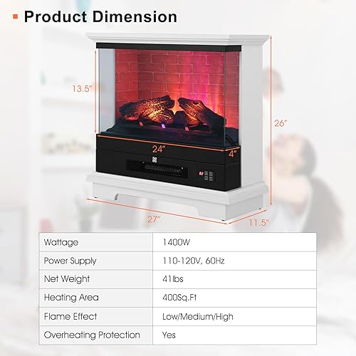 Miniatura 7 de SIMOE Calentador eléctrico de 27 pulgadas con chimenea, chimenea termostática independiente de 1400 W con llama 3D de 3 niveles y control remoto de