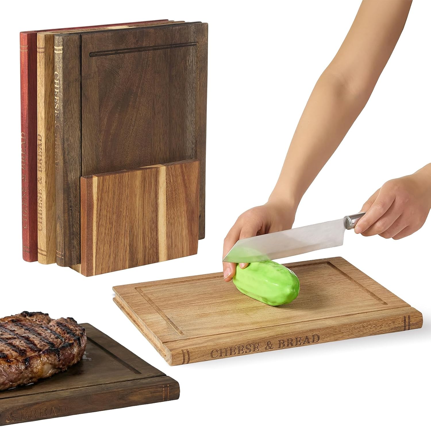Book Cutting Board Set,100% Acacia Wood,Each Set Comprises Three Pieces, Including a Wooden Stand