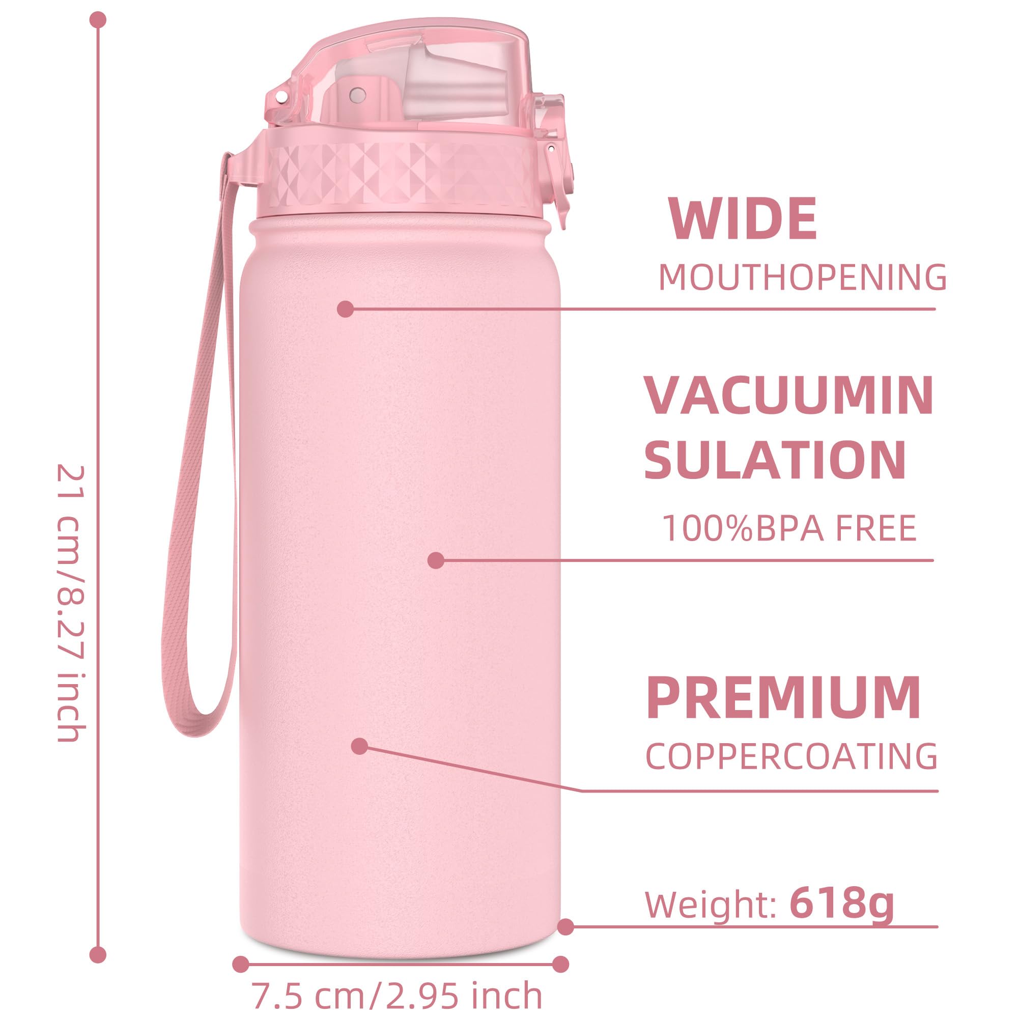 GOPPUS 550ml/18oz Kids Insulated Water Bottle with Straw Cute Double Wall Stainless Steel Child's Small Flask Vacuum Insulated Steel Metal Leak Proof Drink Flask Boys Toddler Girls Bottles BPA-Free - Image 4