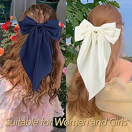 Velscrun Hair Bows for Women Girls 3Pcs White Bow Black Bow Navy Blue Big Hair Bows Clip Silky Satin Large Hair Ribbons Oversized Long Tail HairBows Hair Barrettes Accessories Gifts