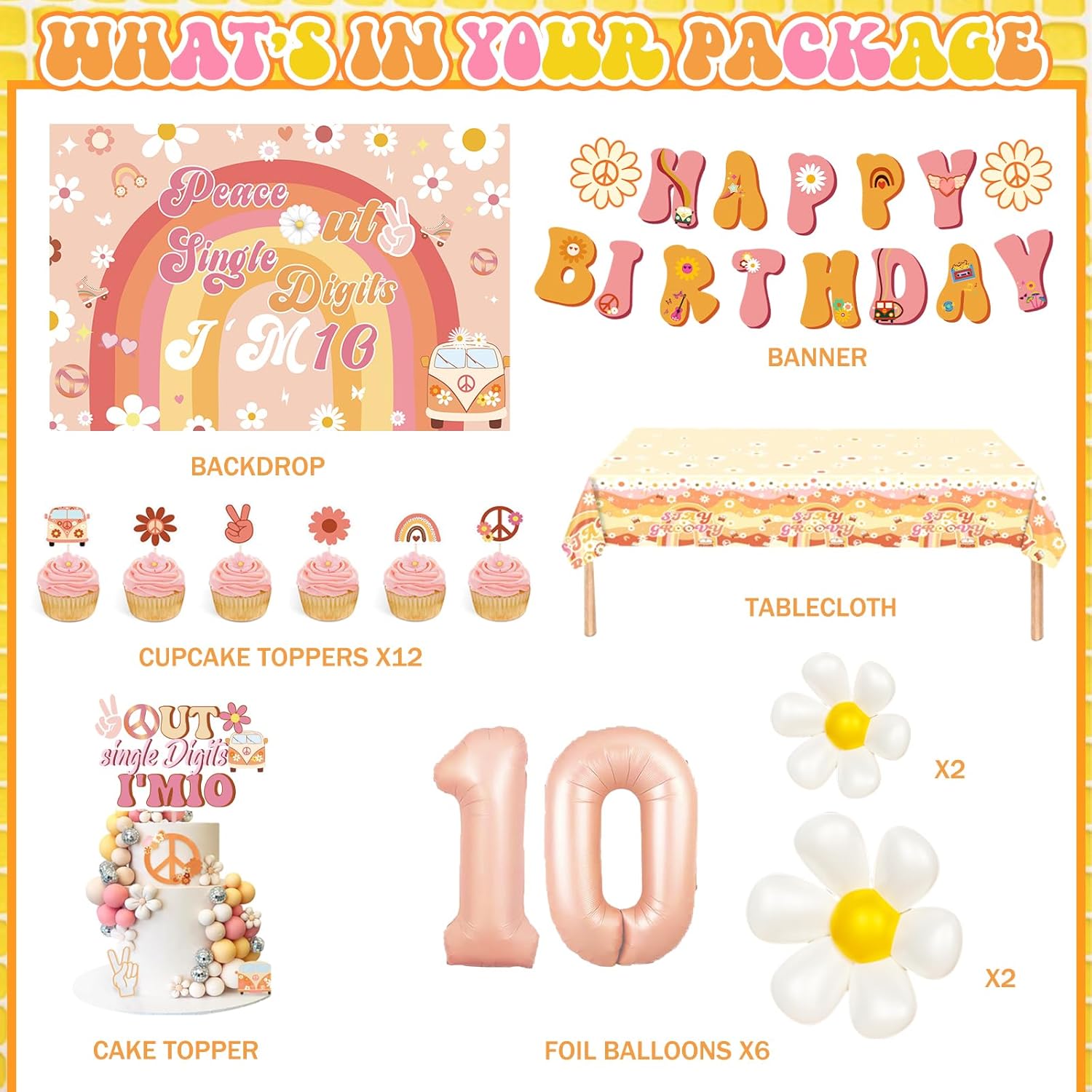 Party Inspo Peace Out Single Digits Party Décor, 10th Birthday Decorations for Girl, Groovy I’m 10 Backdrop Banner Cake Topper Number 10 Foil Balloon for Boho Ten is a Vibe Birthday Party