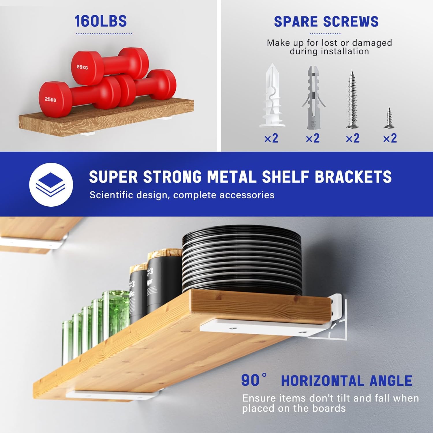 Goovilla Shelf Bracket, Heavy Duty Floating Shelf Brackets 6 inch Long, 6 Pack Brackets for Shelves, White Coated Metal Wall Shelf Support Brackets with 1/5 Inch Thick and 160 lb. Load Capacity 6 Inch White 6Pack