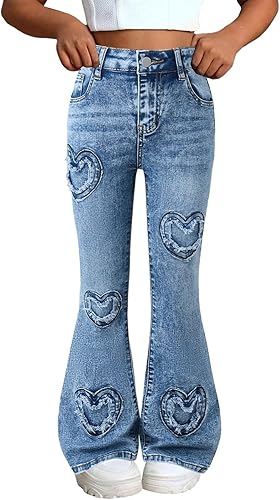 Girls Flare Jeans Y2k Adjustable High Waisted Bell Bottom Denim Pants with Pockets Kids Casual Trendy Streetwear Trousers(Blue-c,13-14 Years)
