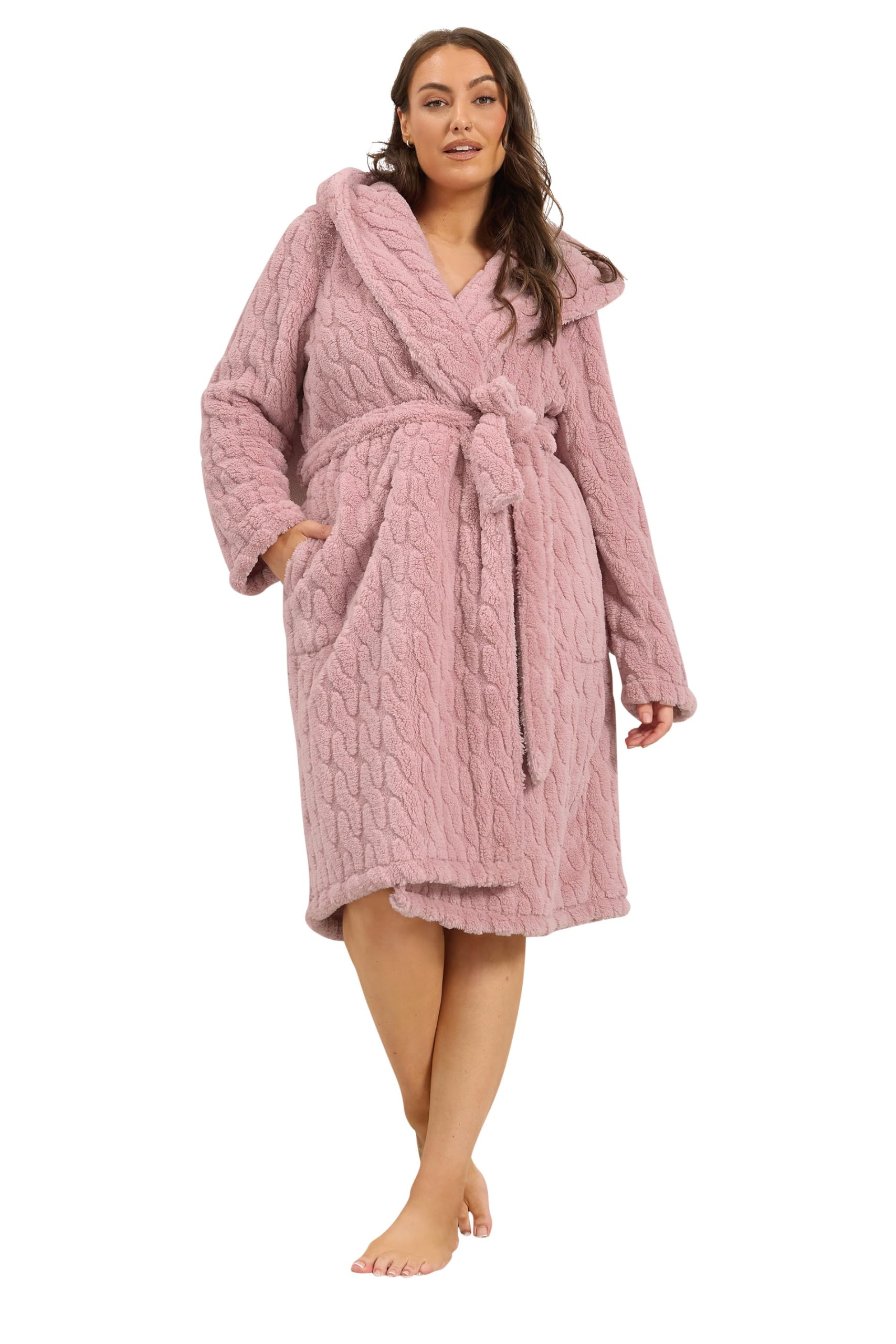 Yours Curve White Cable Hooded Dressing Gown - Women's - Plus Size Curve