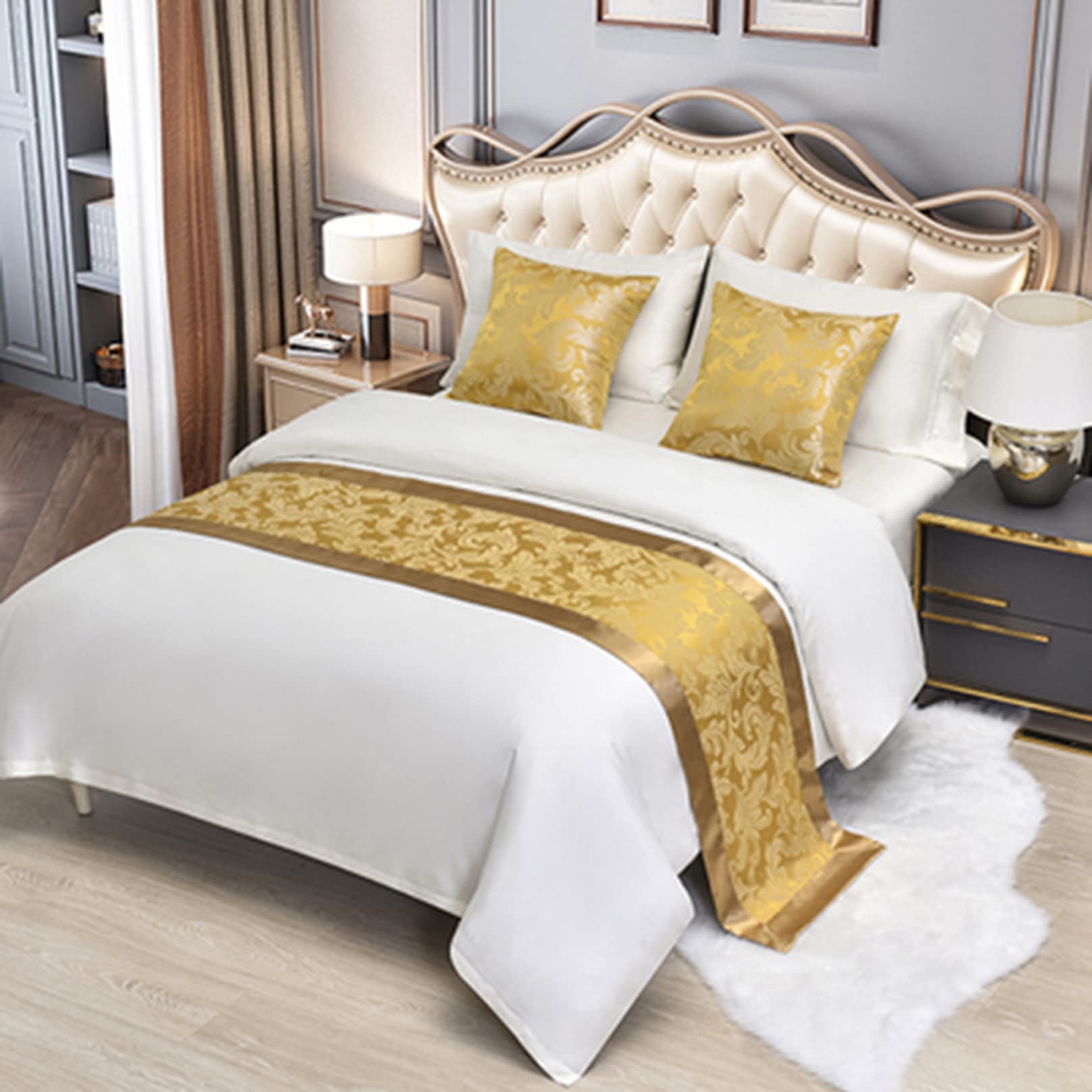 TTiiLoe Pattern Bed Runner for Foot of Bed, Bedroom Bedspread Bed Throw Bedding Protection End Towel Bed Cover Bed Scarf for Hotel Home, Gold, 50x240cm for 1.8m Bed