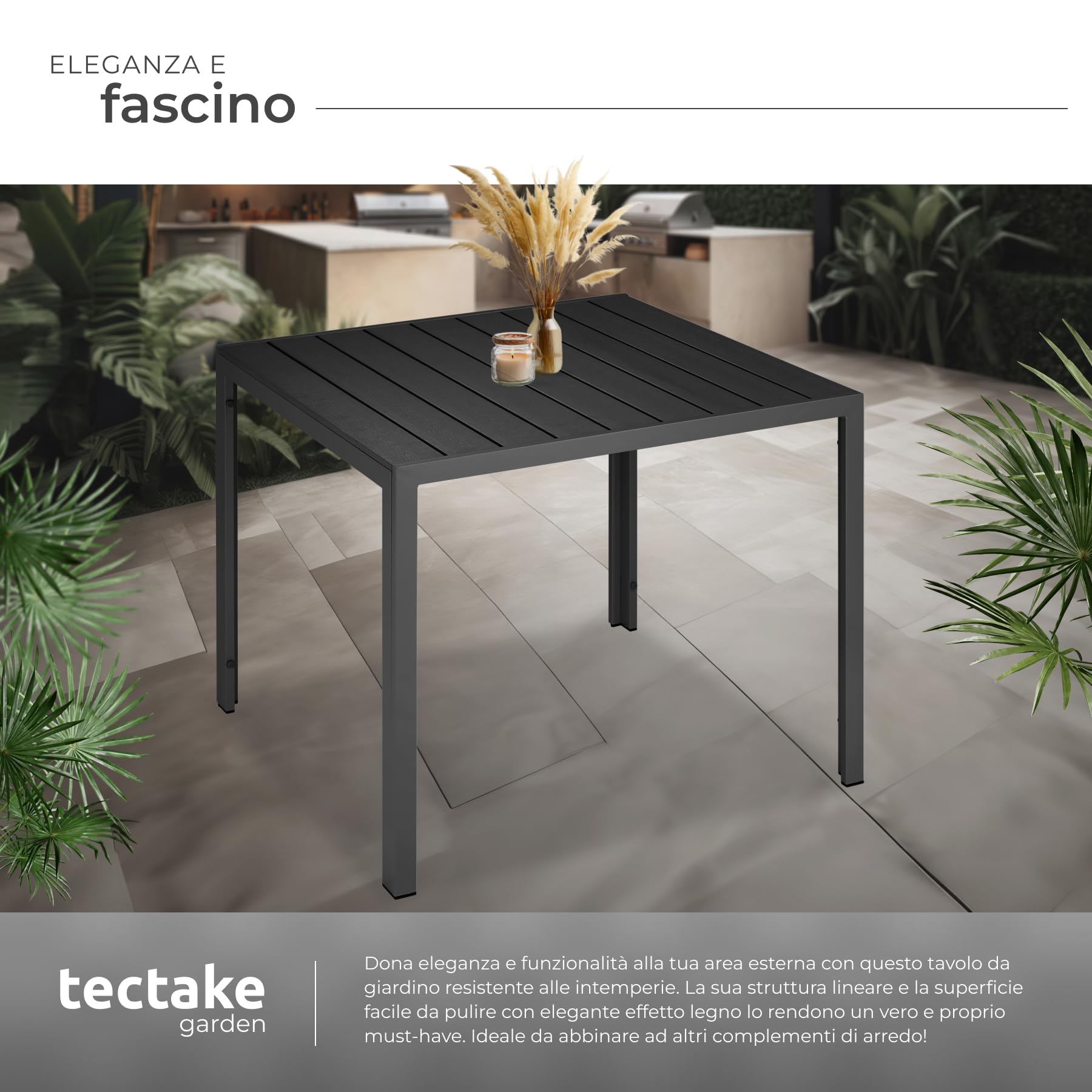 tectake®, Tavolo da Giardino in Alluminio, Tavolo da Esterno, Tavolino da Balcone, Effetto Legno, Regolabile, Resistente Intemperie, Ideale come Arredamento per Terrazzo, 90x90x74,5cm - nero