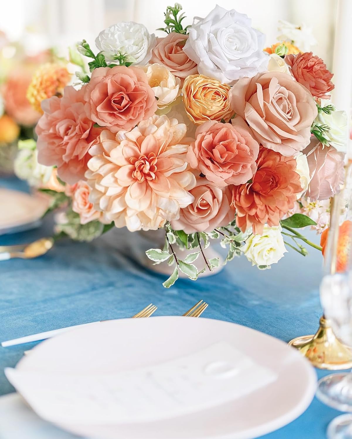 FACINOC Roses Artificial Flowers Orange Fake Flower with Stems for DIY Wedding Bouquets Bridal Baby Shower Centerpiece Table Decorations Silk Faux Floral Arrangements for Party Home Decor Indoor Peach