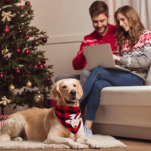 Miniatura 6 de PAWCHIE 2 bandanas navideñas para perros con apliques hechos a mano (Santa Claus y alce), bufandas triangulares lavables a cuadros para cachorros