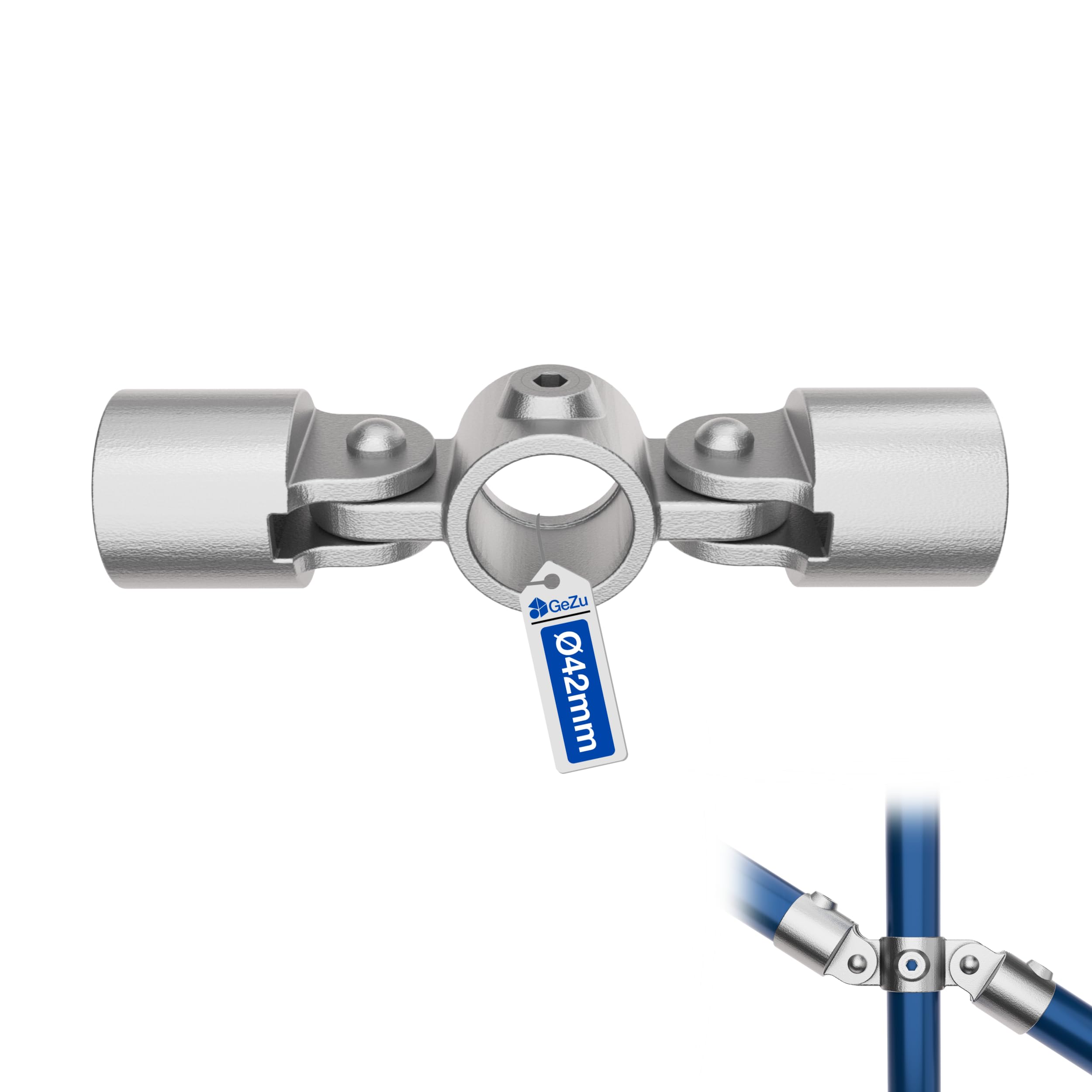 Gezu Impex Galvanised Double Inline Swivel Combination Ø 42 Mm Hot Dip Silver Interclamp Double Swivel Socket Adjustable Tube Clamp Fitting For Handrails