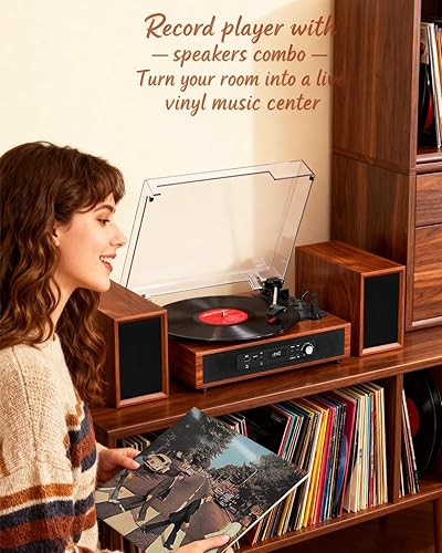 Miniatura 8 de Reproductor de discos de vinilo con 4+2 altavoces estéreo externos Bluetooth de 3 velocidades por correa tocadiscos para discos de vinilo, dos