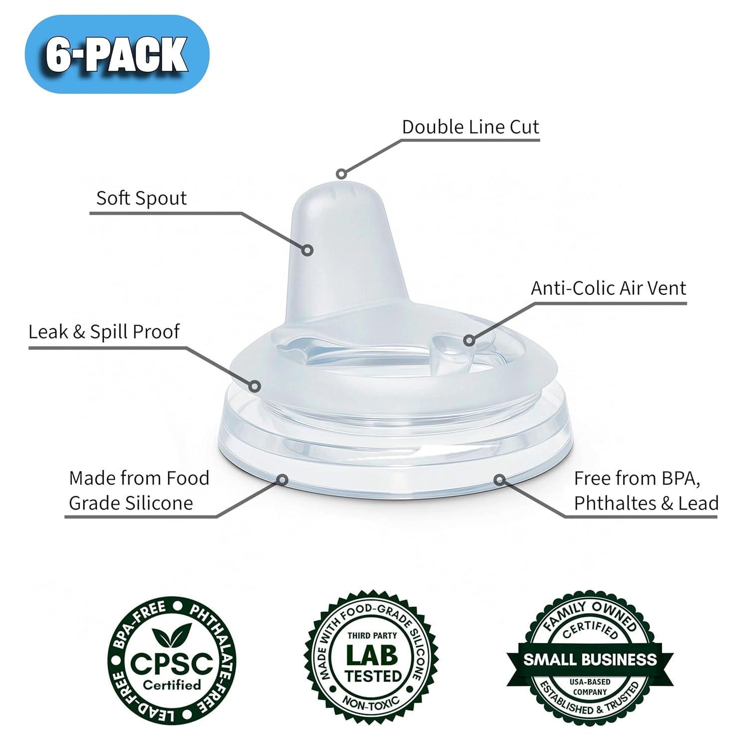 Sippy Spout Nipples for Dr. Brown's Natural Flow Anti-Colic Options+ Wide-Neck Baby Bottles & Glass Bottles, 6-Count, Food Grade Silicone, BPA-Free, Spill-Proof, Convert to Sippy Cup, 4+ Months