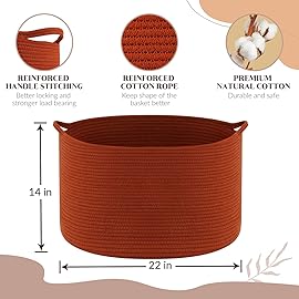 XXL Large Cotton Rope Basket - Maliton Large Storage for Blankets, Towels, Pillows - Round Toy Basket - Woven Laundry Hamper with Handles - 22 x 22 x 14 Nursery Hamper Bin, Burnt Orange