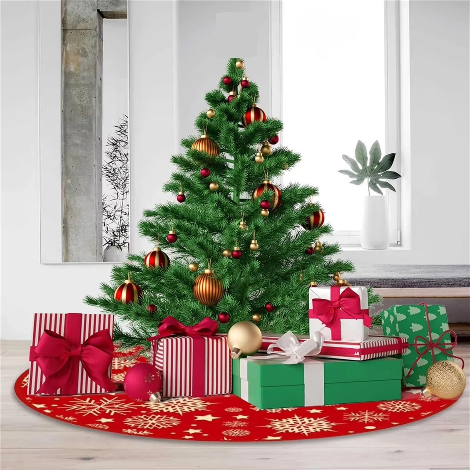 tappeto albero di natale Tappeto for albero di Natale con fiocco neve rosso e stella, decorazione for la casa il soggiorno(Diameter 120cm)