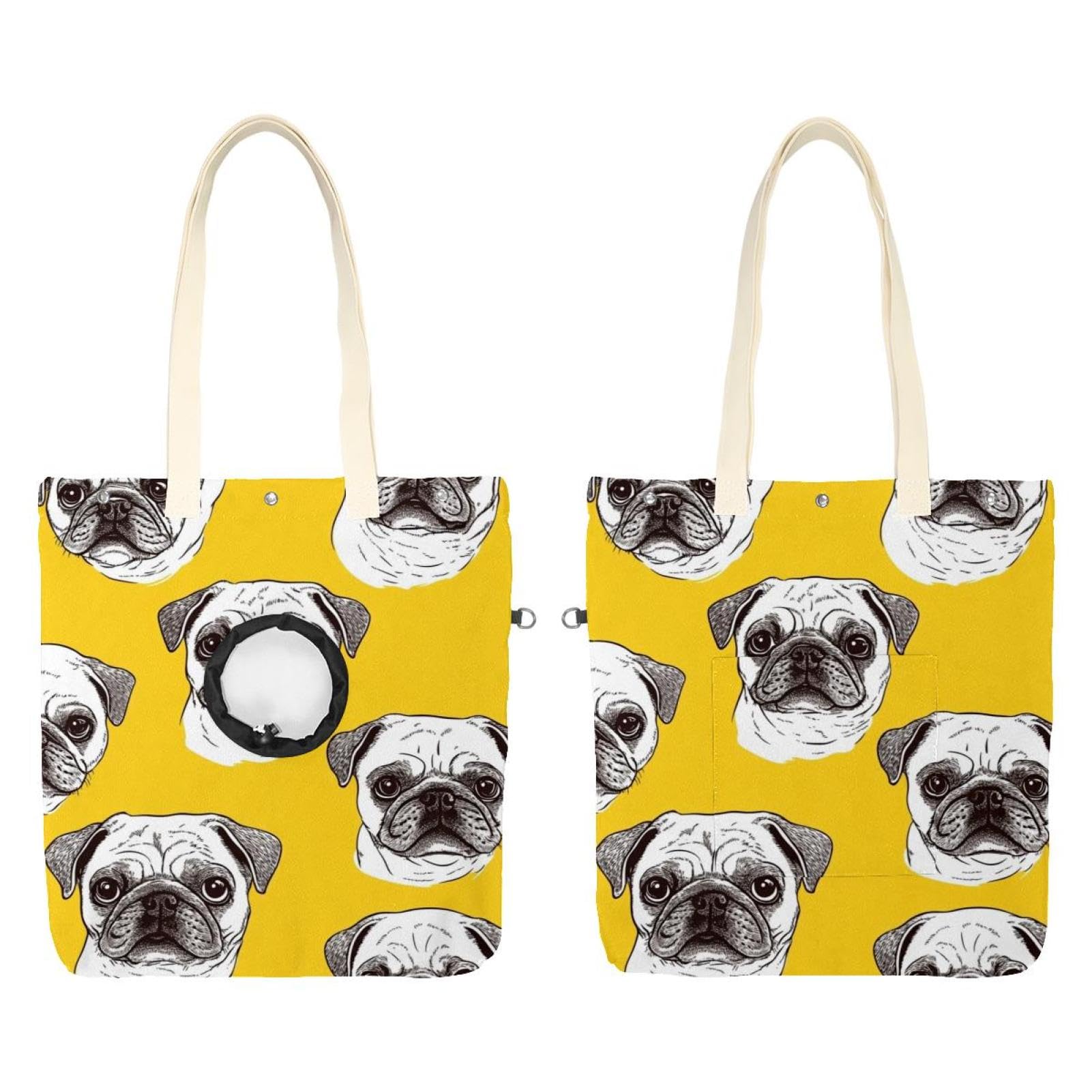 Sac de transport pour chien carlin blanc et chaton en balade citadine
