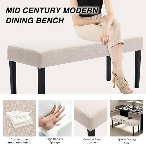 Miniatura 4 de LIVINOVA Farmhouse - Juego de 2 asientos de comedor tapizados de tela de lino de 45 pulgadas con patas de madera negra, banco moderno de mediados de