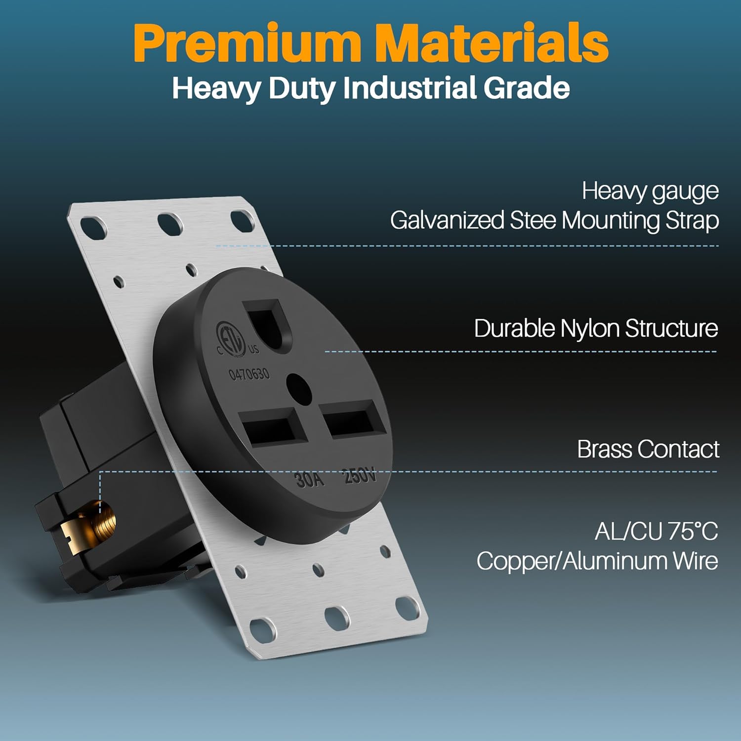 NEMA 6-30R Outlet Receptacle,30 Amp 250Volt 2 Pole 3 Wire Heavy Duty Industrial Grade Straight Blade Grounding Flush Mount Range Power Outlet for Welder / Generator, ETL Listed, Panel Mount