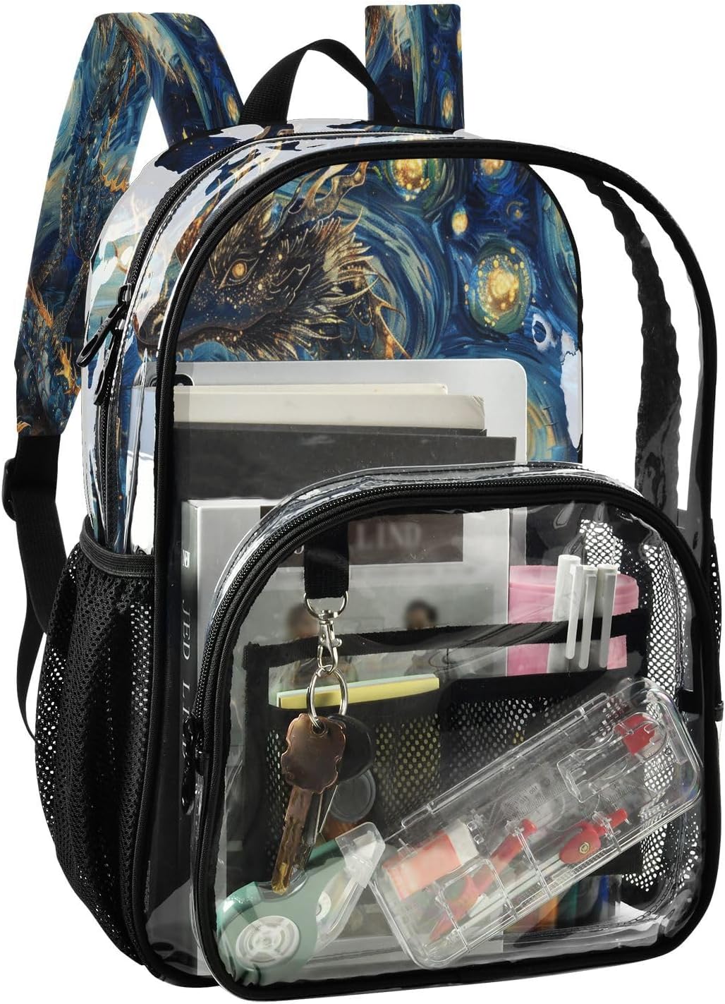 Starry Night Sky Dragon Clear Backpack Heavy Duty See Through Transparent PVC BookBag for Kids Boy Girl Adult School Work