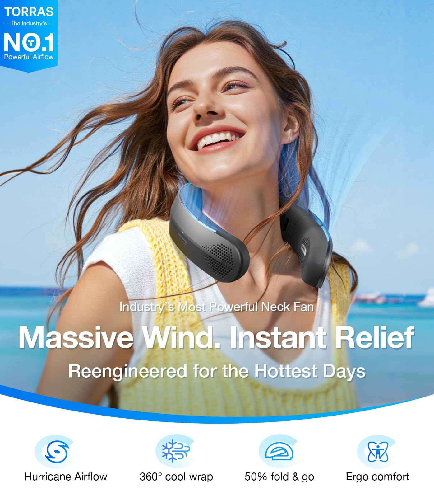 TORRAS Coolite, ventilatore da collo, 4 x Turbo Airflow, ventilatore portatile da collo, raffreddamento a 360°, leggero e pieghevole, per esterni, viaggi, regalo per mamma, padre, nero stellato