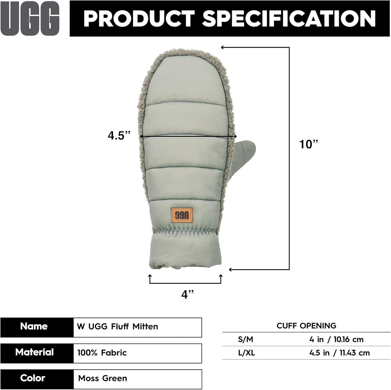 UGG Women's UGGFluff Mittens - Water Resistant Cozy Winter Mittens, Durable Nylon Shell, Warm Polyester Fill, Leather Logo, Moss Green, Large-X-Large - Image 4