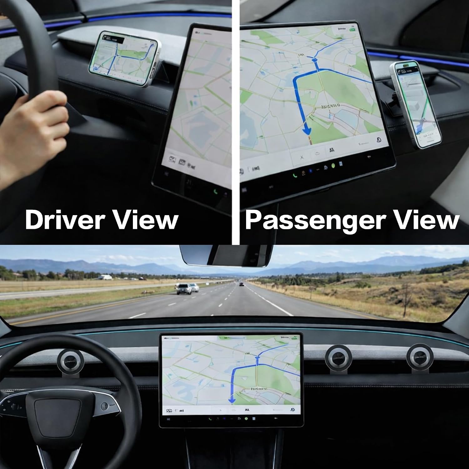 MagSafe Phone Mount for Model 3 Highland 2024+, Vent Magnetic Holder, 3 Mounting Positions, Tool-Free Install, 2 Metal Rings, Black