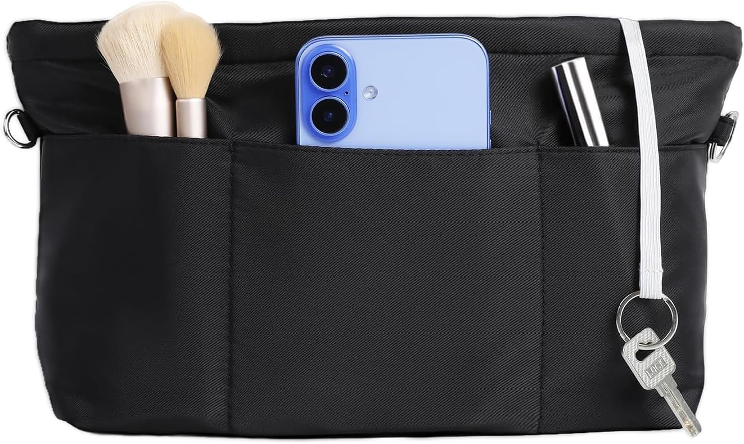 Cozary Organisateur de sac moyen M - Pochette intérieure pour sac à main en nylon, rangeur avec chaîne à clé, 6 poches extérieures & 6 compartiments, 26x10x14 cm, Noir - Amazon product rated Grade B