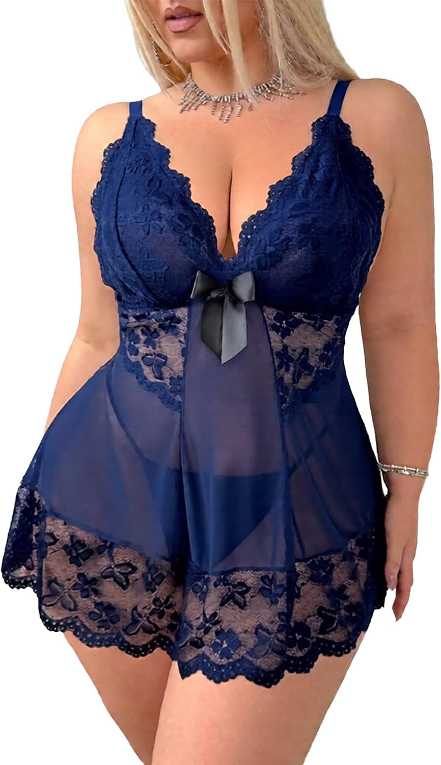 Alrovetoney Women Plus Size Babydoll Lingerie Lace Chemise Mesh Sleepwear Strappy Sexy Nightgown Boudoir Outfit L-4XL