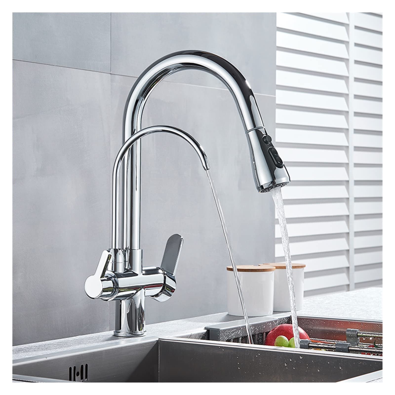Hochleistungs-Küchenarmatur mit Wasserfilter, Zwei Griffen, 360°-Drehung und verchromter Oberfläche für einfache Wasserreinigung und verbesserte Filtration.