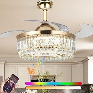 Fandian 42” Modern Ceiling Fan with Lights Remote, Smart Bluetooth Fandelier Crystal Chandelier Fan with Speaker, RGB Dimmable Lighting, Reverse 6-Speeds Fan for Bedroom