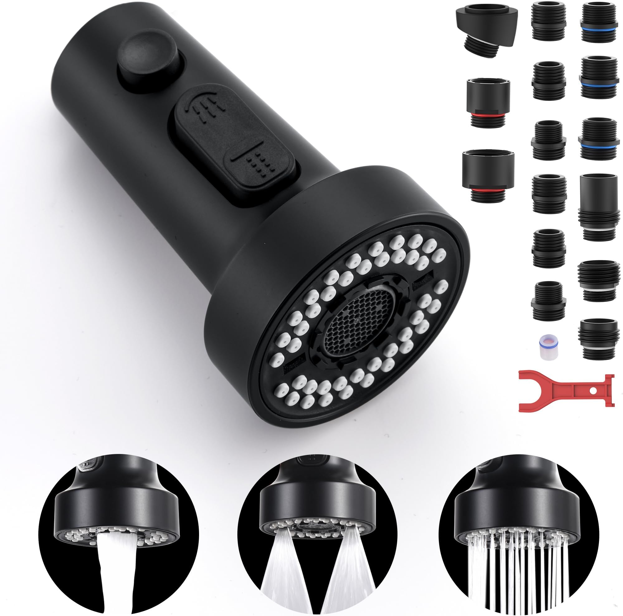 TIORIY 𝗧𝗜𝗢𝗥𝗜𝗬 Kitchen Faucet Head Replacement - Pull Down Faucet Spray Head with 11 Adapters, 3 Modes Pull Out Kitchen Sink Sprayer Nozzle, Matte Black