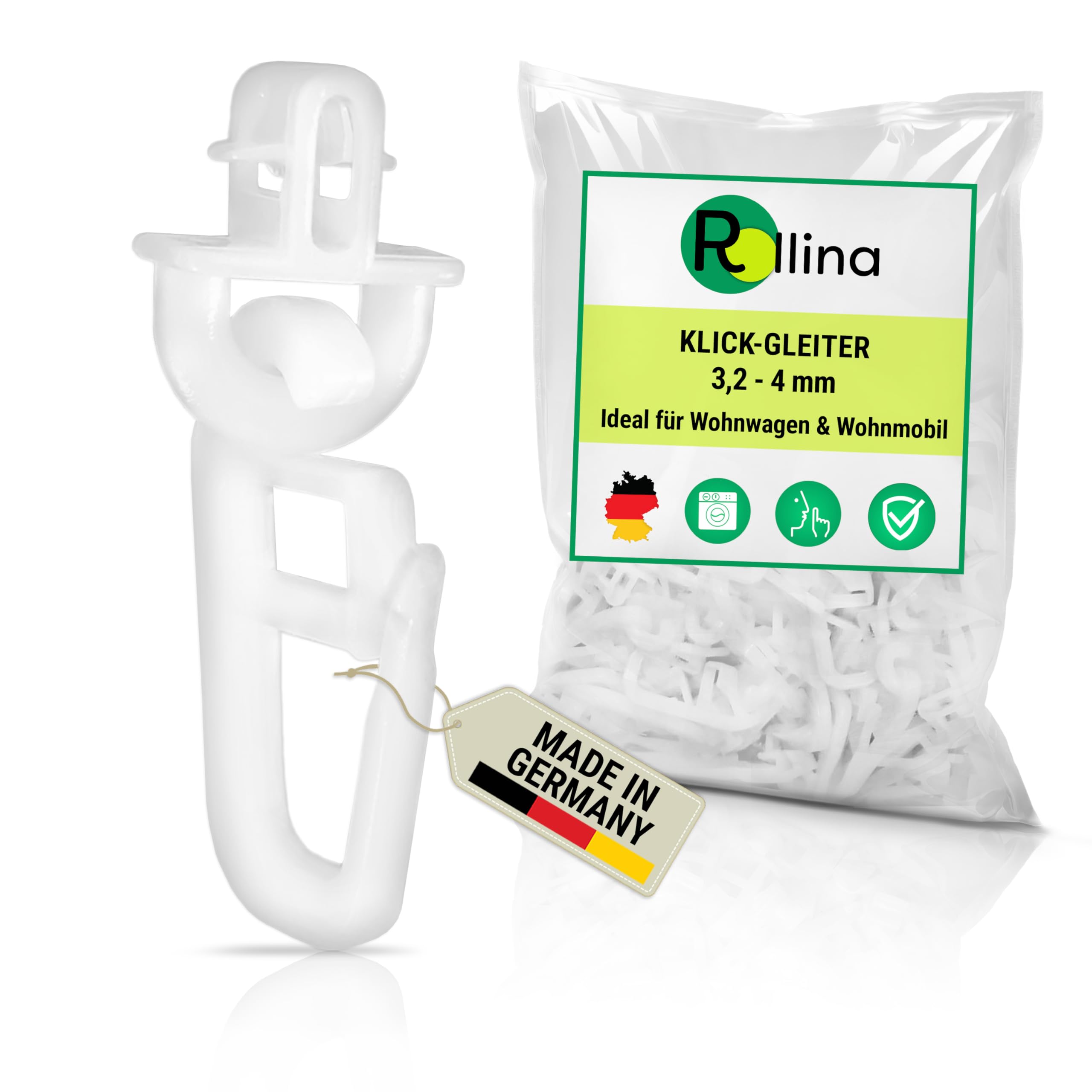 Rollina Klick-GSlider Ganchos de cortina para riel de cortina con carril interior de 3,2-4 mm, ganchos de cortina también para caravanas, autocaravanas, camiones (100 unidades, blanco)