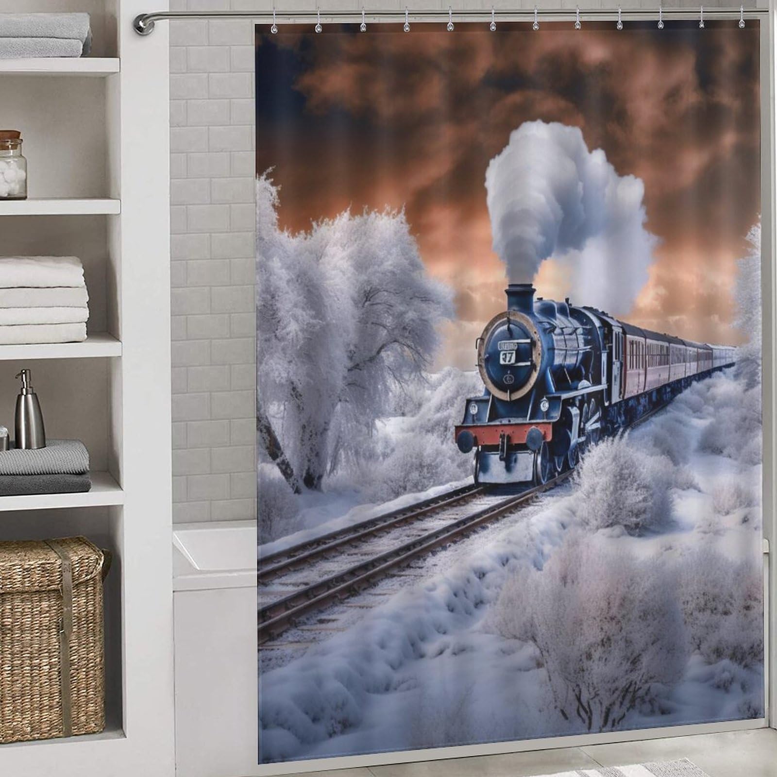 Rideau de douche train à vapeur tissu polyester lavable imperméable 168x183cm avec crochets