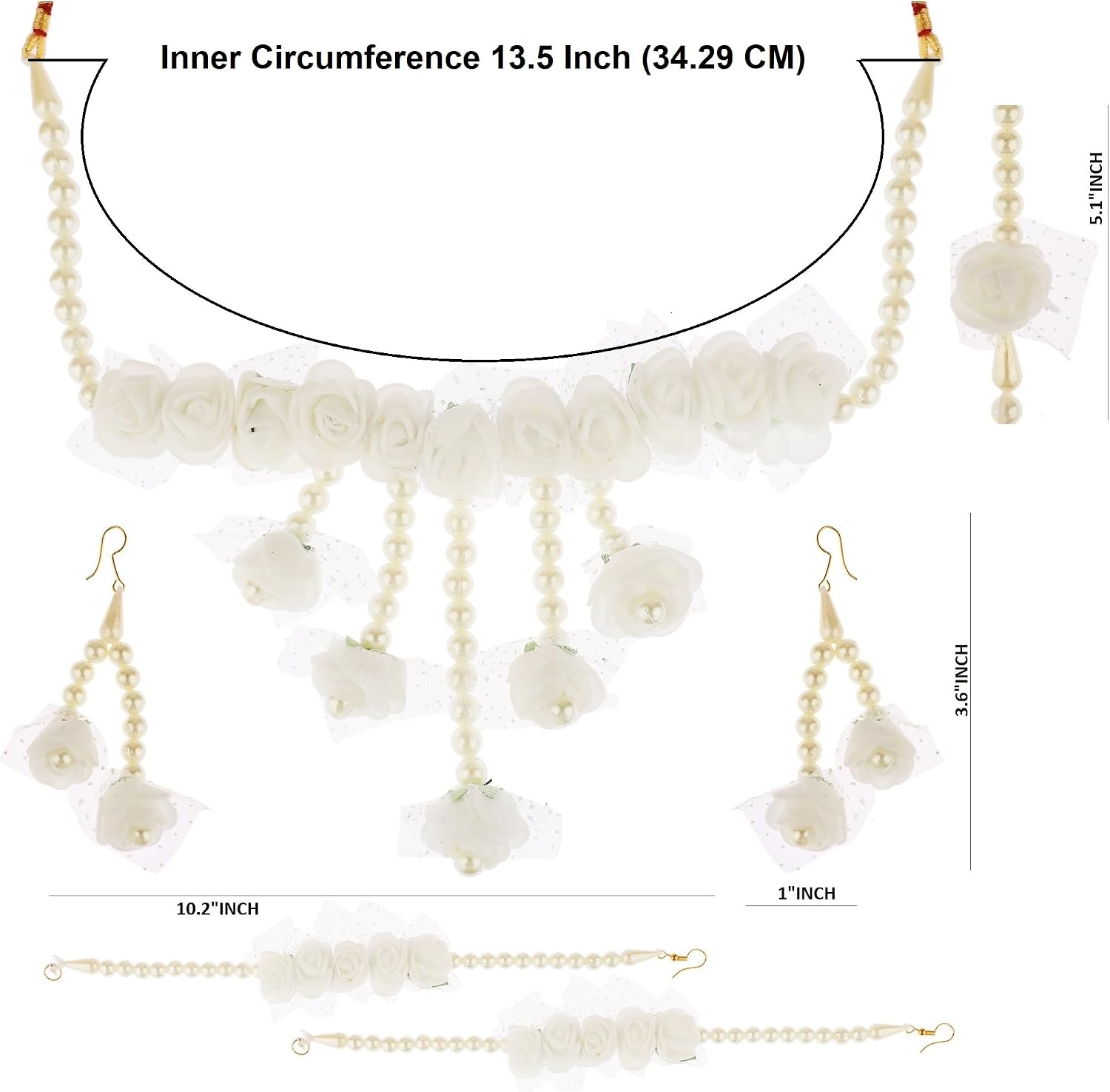 Efulgenz Flower Jewelry Set Floral Jewelry Indian Handmade Faux Pearl Beaded Necklace Earrings Maangtikka Bracelet Jewelry Set for Bridal Wedding Haldi Mehandi Jewelry for Women