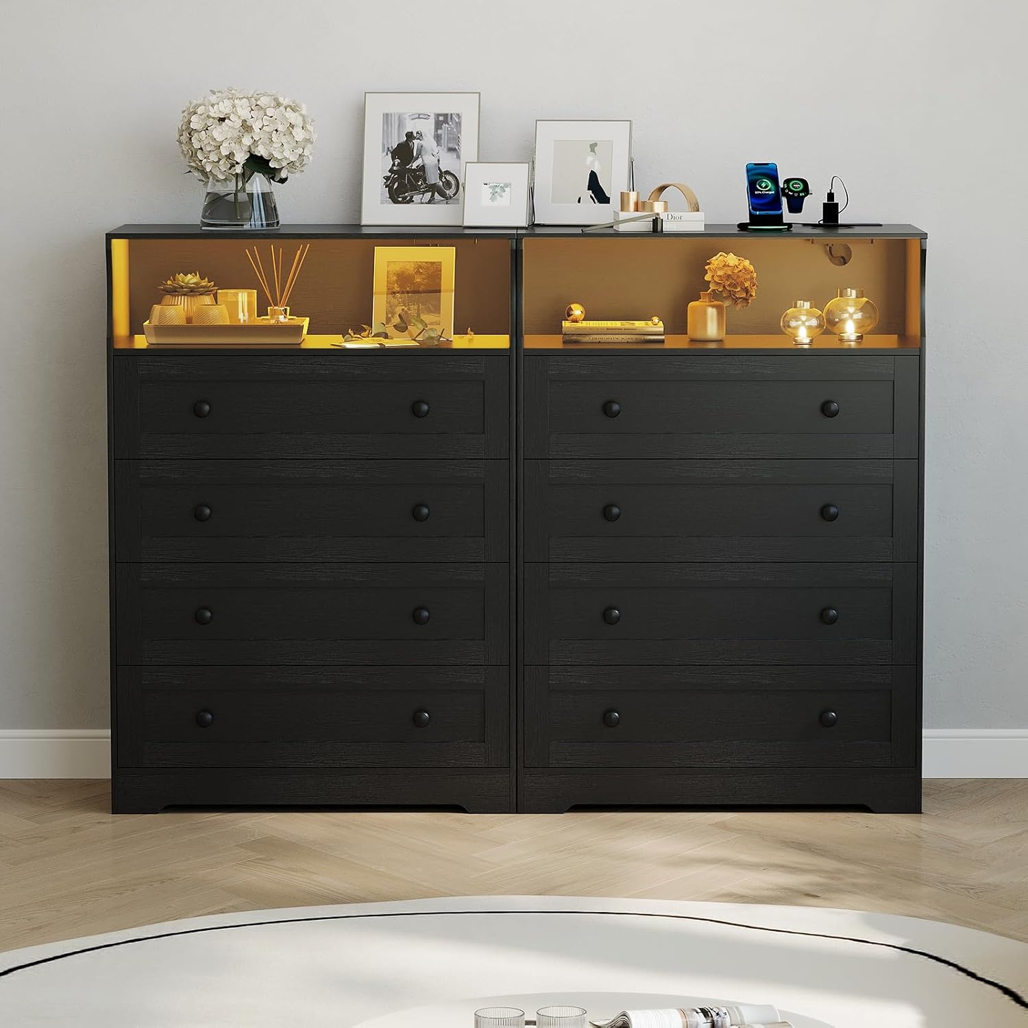 GAOMON Wood Dressers for Bedroom with 4 Drawers, Charging Station & LED Lights, Narrow Slim Chest of Drawers, Wooden Storage Organizer Nightstand for Nursery Closet Bedside Living Room Hallway
