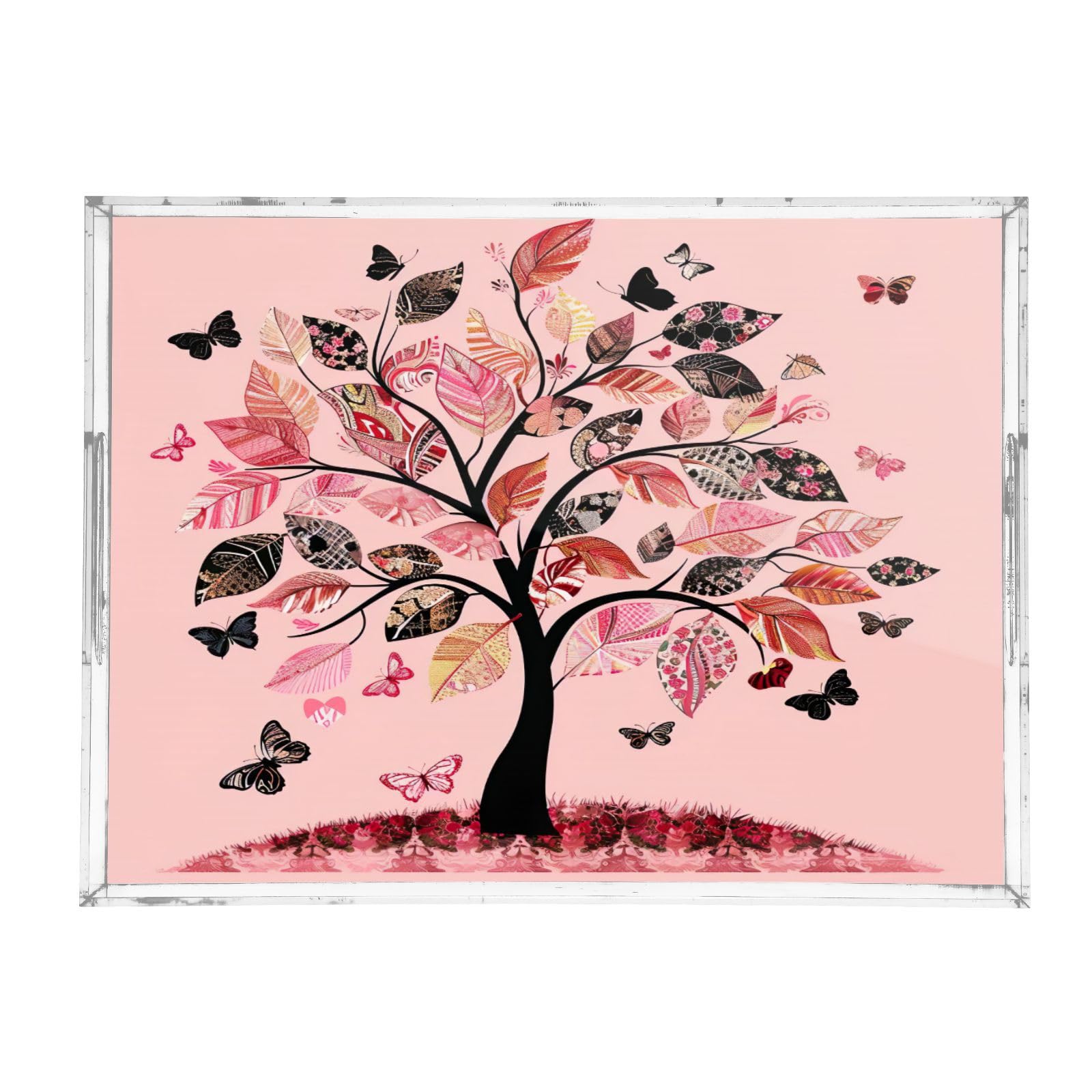 BOESI Graffiti Tree and Butterfly Pattern Acrylic Decorative Dining Tray, Acrylic Decorative Tray Organizer with Handle for Kitchen, Dining Room, Bathroom, Dresser