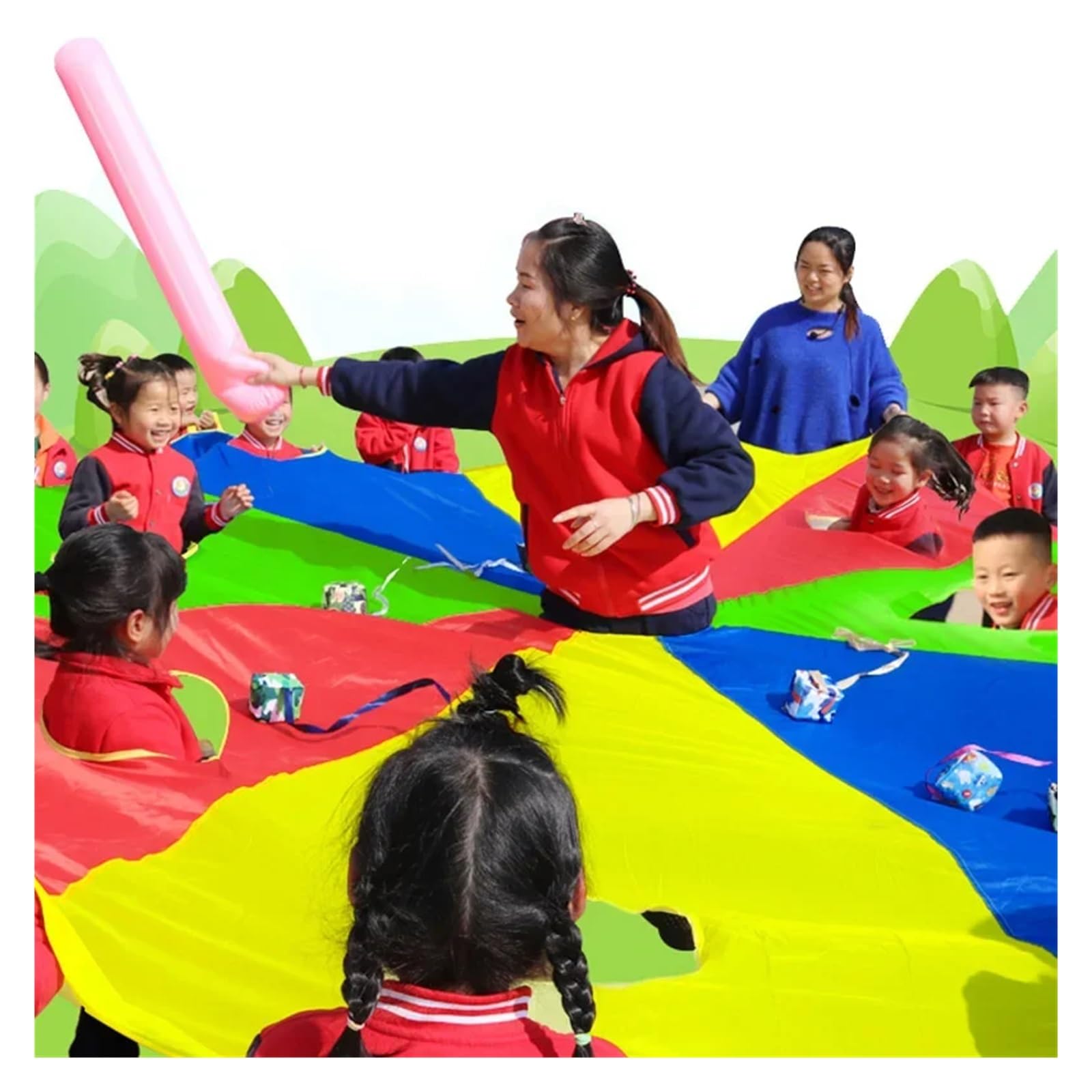 Bunt Fallschirm Fun Play Regenbogen-Fallschirm for Zelt-Kooperative Spiele, Outdoor-Spielzeug for Teambuilding-Übungsaktivitäten(3M Parachute 2 Rods)