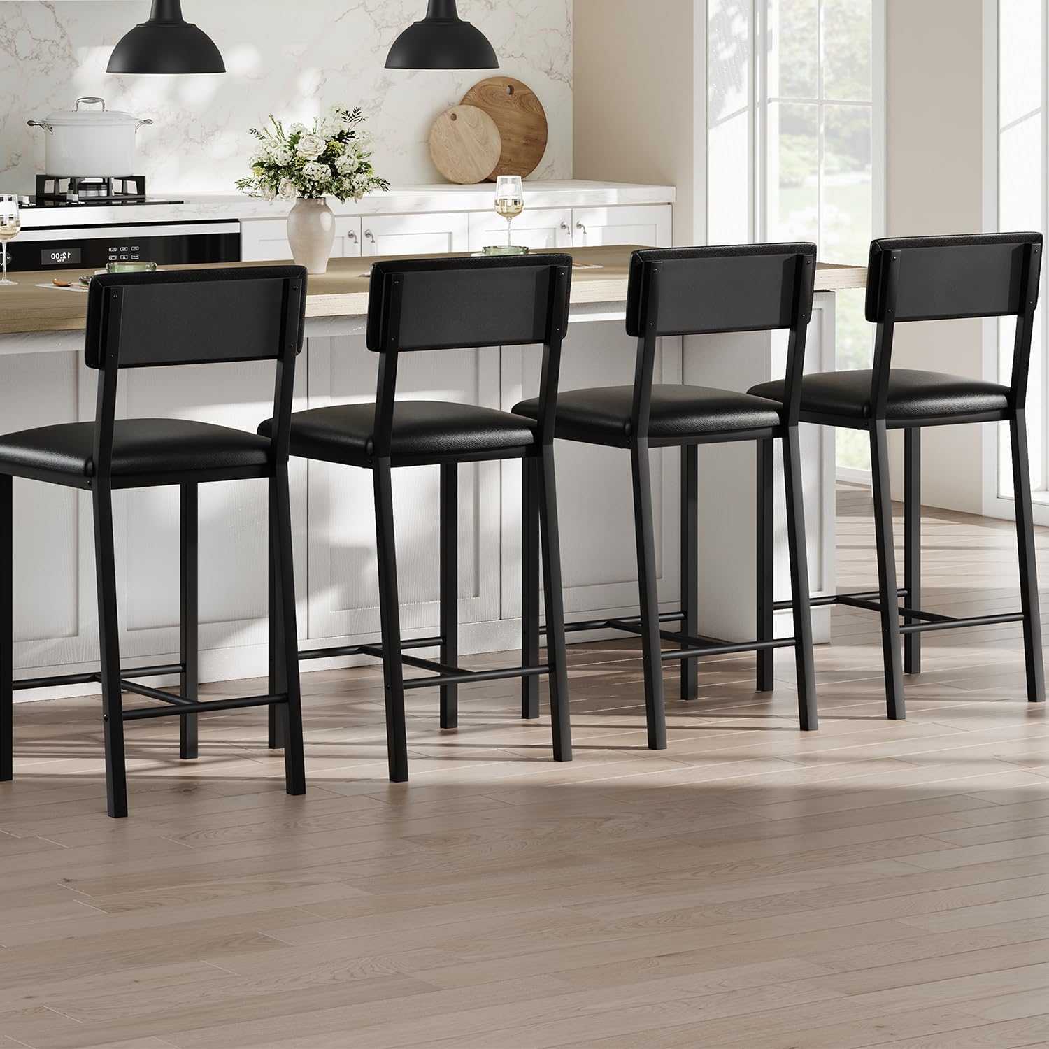Garvee Bar Stools Set of 4, Kitchen Barstools with Thick Cushion, 25 in Counter Height Bar Stools with Backrest and Footrest, for Dining Room, Kitchen Island Counter Chairs, Retro Black